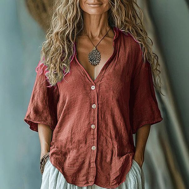Women's Clothing Women's Linen Shirt Summer Women's New Style Five Point Sleeve Single Breasted Linen Shirt_ecoleips.com