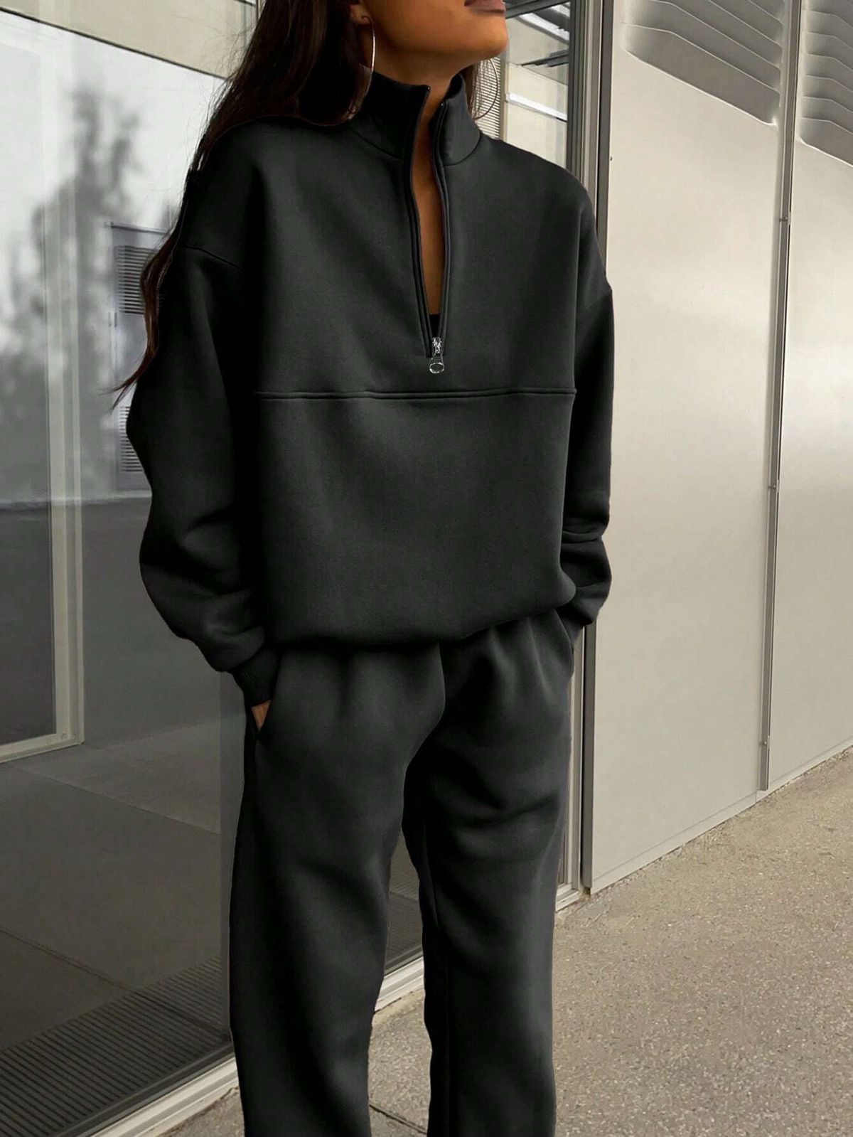 Autumn/Winter Fashion Zipper Lapel Solid Color Casual Two-Piece Set_ecoleips.com