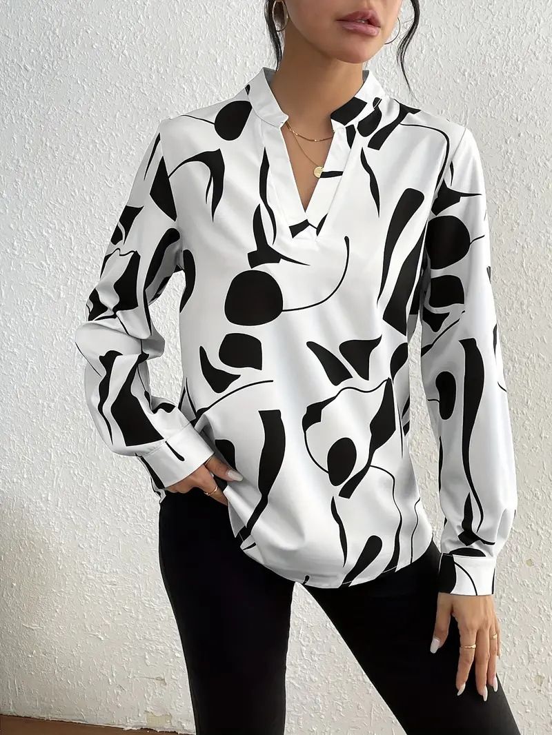 K Women's New Casual Long Sleeved Shirt With Geometric Print V-neck Shirt_ecoleips.com