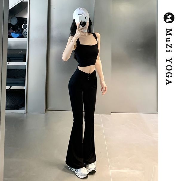 MUZI White Wide-Shoulder Strap Beauty-Back Nude-Feel Fitness High-Waisted Yoga Outfit Flared Pants Two-Piece Set For_ecoleips.com