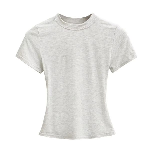 25 Summer New Female Spice Girls Solid Color Round Neck Slim-fitting Short Bottoming Shirt Basic Short-sleeved T-shirt_ecoleips.com