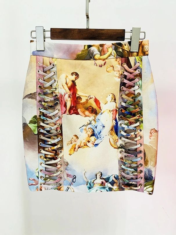 Women's Clothing Fashion Tie Rope Slim Waist Retro Renaissance Angel Print Suit Jacket_ecoleips.com