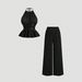 Women's French Style Two Piece Set off Shoulder Wide Leg Casual Halter Neck Belted Solid Color Loose Fit_ecoleips.com