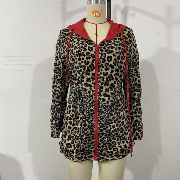 K Women's Double-sided Leopard Print Hooded Zipper Jacket Casual Long Jacket With Waistband And Long Sleeves_ecoleips.com