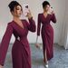 Elegant Women's V-Neck Long Sleeve Midi Dress Slim Fit Solid Color Casual Dress for Women_ecoleips.com