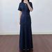 Women's Elegant Round Neck Short Sleeve Belted Lurex Knit Maxi Dress – Slim Fit Spring Gown 2026_ecoleips.com