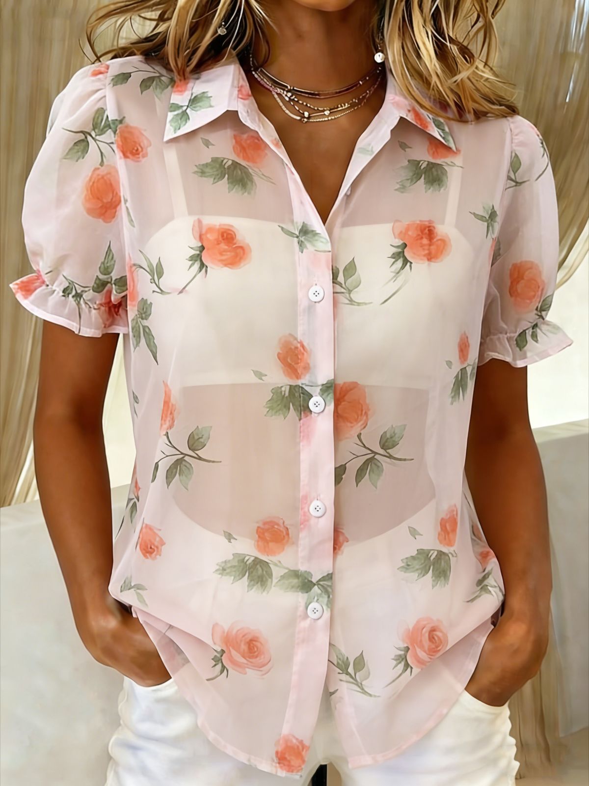 Women's Clothing Summer New Arrival Women's Puff Sleeve Rose Print Sheer Shirt_ecoleips.com