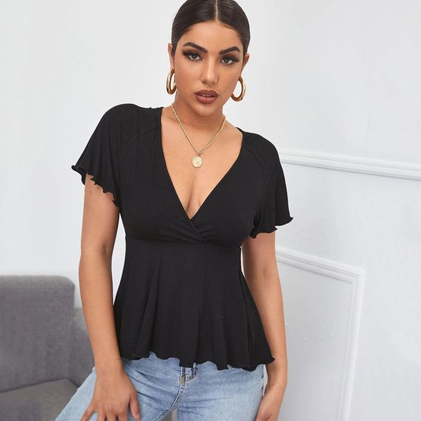 Voya Women's Sexy V-neck Waist Cinched T-shirt Top 2026 In Stock, Slim Hem, Short Sleeved Knit Shirt For Women_ecoleips.com