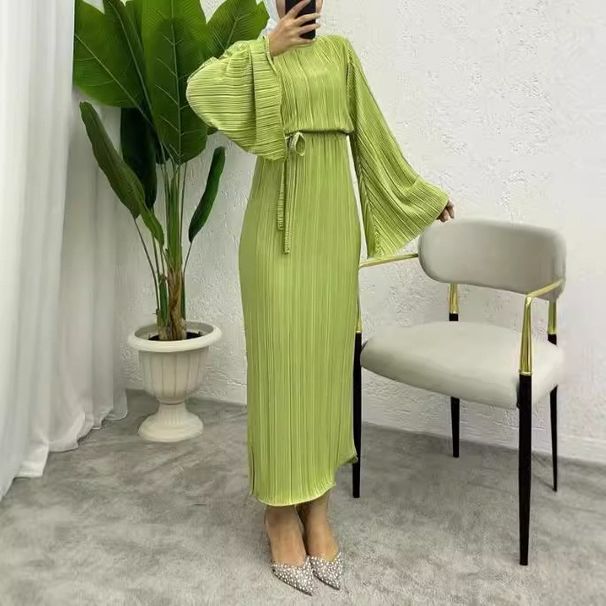 Women's Clothing Muslim Solid Color Temperament Pleated Straight Long Fashionable And Elegant Dress_ecoleips.com