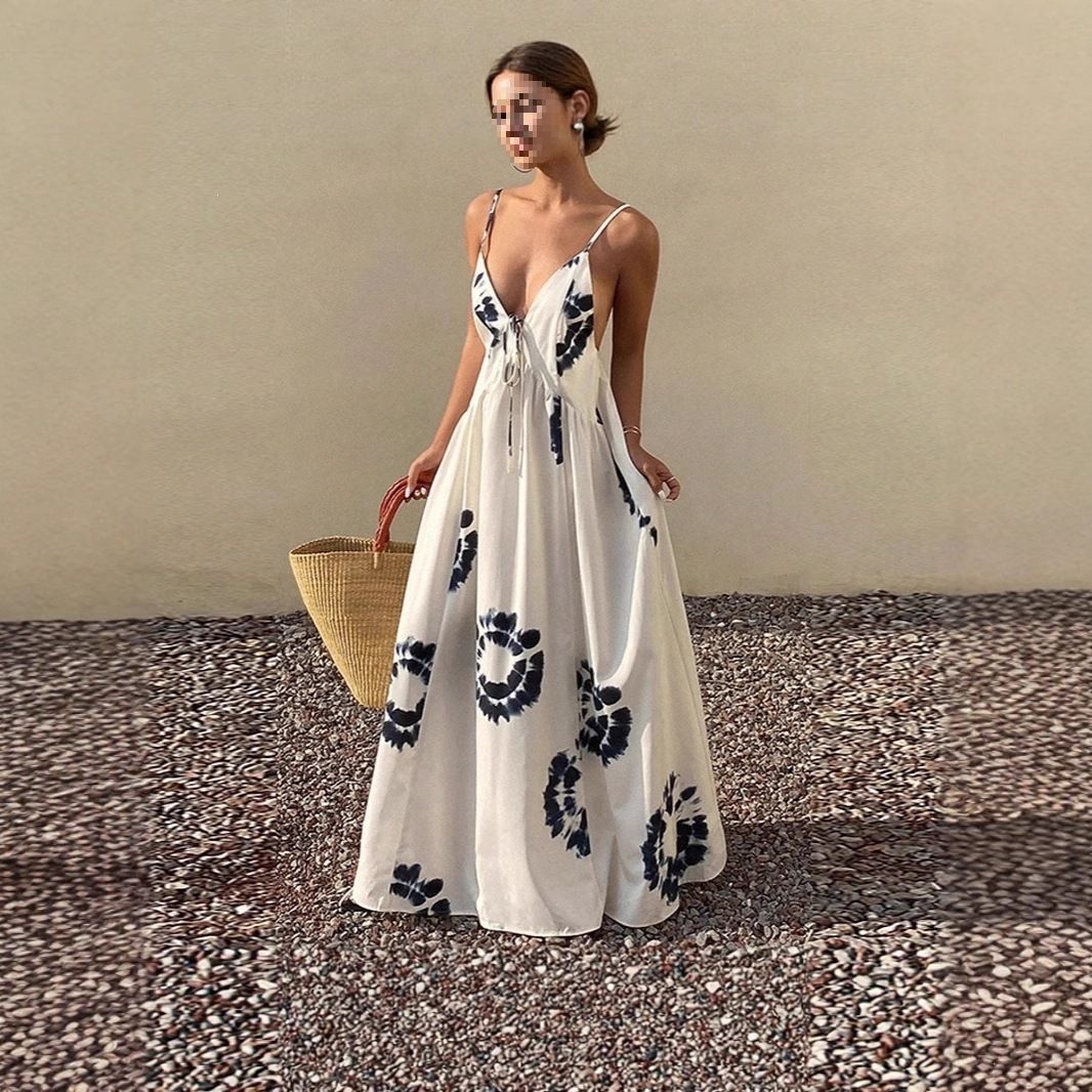 Women's Sexy Floral Print Dress European And American Style Backless Halter Loose Long Gown for Vacation Independent Website Elegant Classy_ecoleips.com