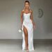 Women's Clothing New Sexy Back Strap Slit Evening Dress Solid Color Suspender Dress_ecoleips.com