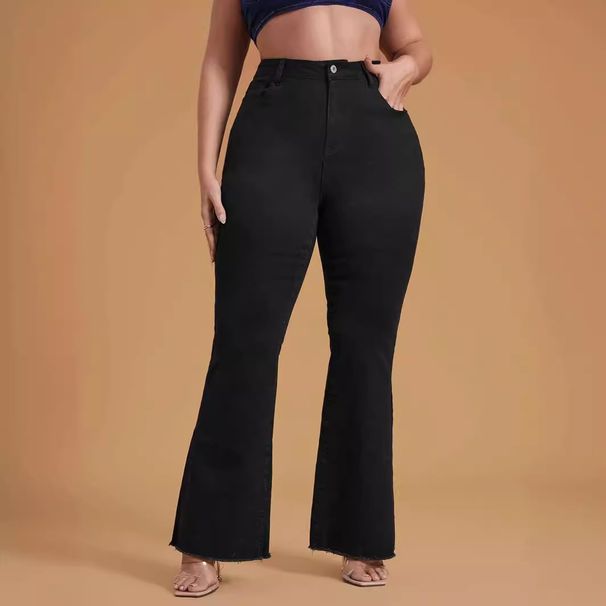 Plus Size Black Stretch Denim Flared Pants Frayed Hem Fashionable Women's Jeans For Spring/Autumn & Summer_ecoleips.com