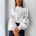 Women's Clothing Elegant Lace Trim Lantern Sleeve Blouse For Office & Casual Wear – Pure Cotton Blend, Breathable & Comfortable, White_ecoleips.com