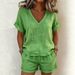 Summer Collection Solid Color V Neck Loose Casual Cotton Linen Set Short Sleeve Top And Shorts Women's Clothing_ecoleips.com