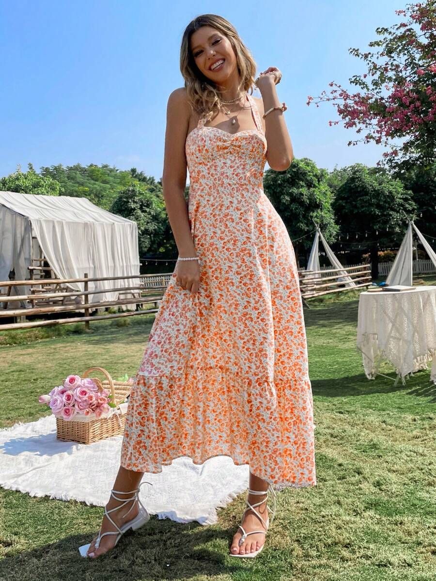Floral Print Tie Waist Sleeveless Dress Gathered Bust Backless Slim A-Line Women's Dress_ecoleips.com