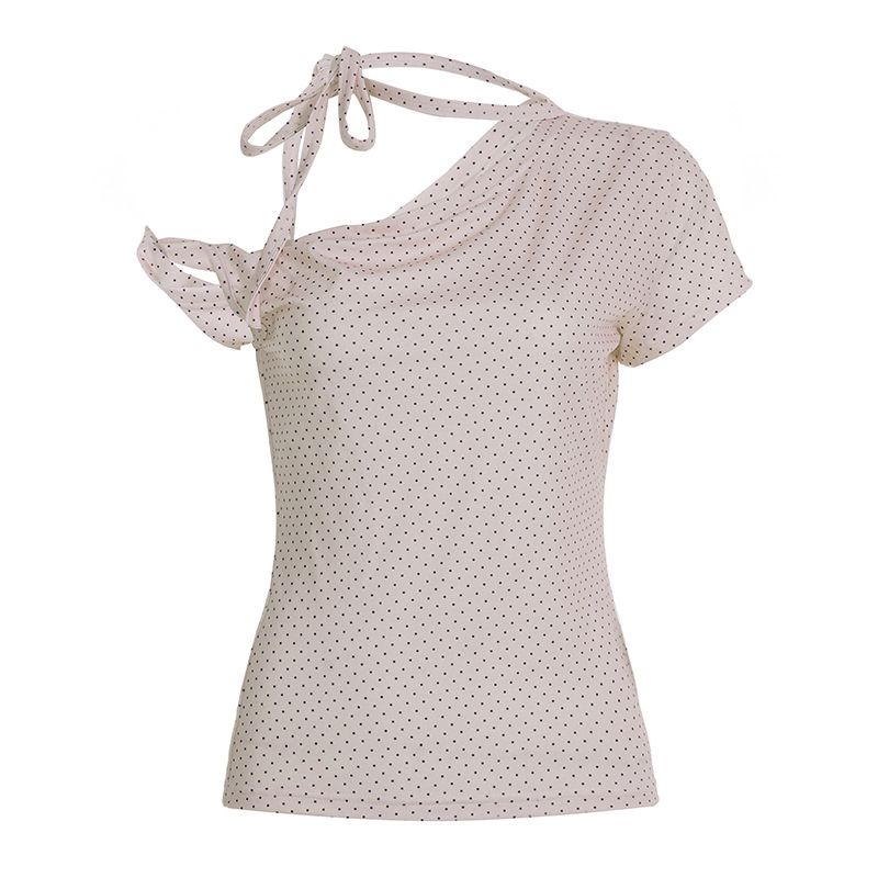 Korean Style Polka Dot Off-Shoulder T-Shirt Tie Front Top For Women Youthful Sweet Slimming Design_ecoleips.com