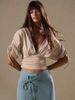 Women's Fashionable Drawstring Design Deep V Neck Short Sleeve Top Solid Color Elegant Summer INS Style Wholesale_ecoleips.com