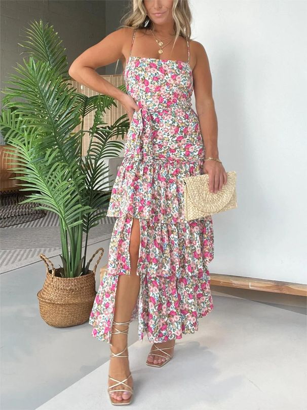 Women's Clothing sweet sexy suspender print belt slit dress female_ecoleips.com