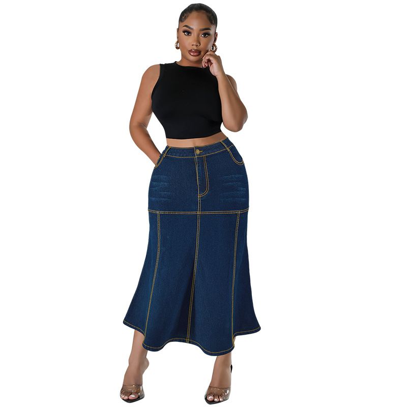 Plus Size Long Denim Skirt For Women, Mid Stretch Washed Cotton Spandex Maxi Skirt, Casual Street Style_ecoleips.com