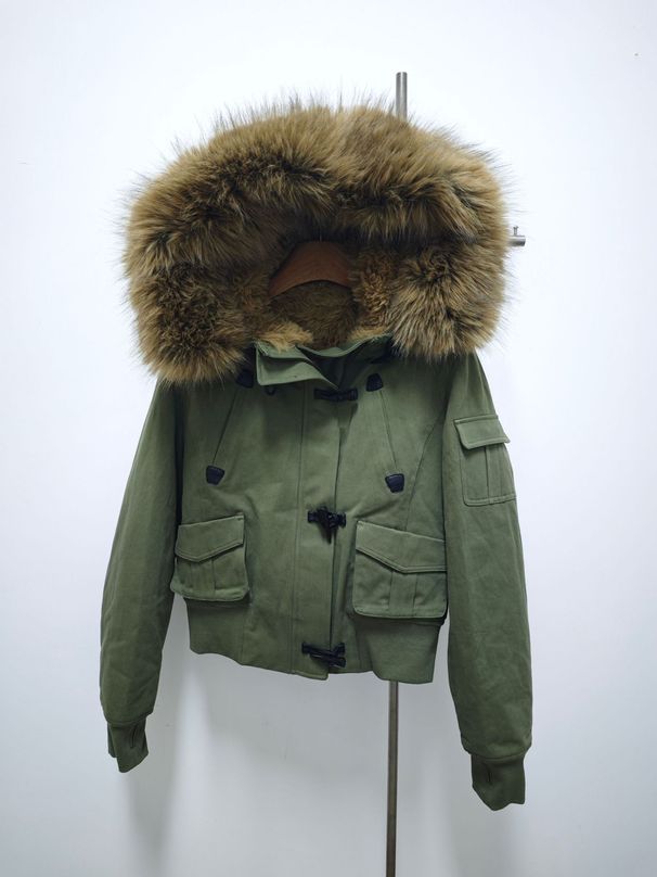 girl Unique Design Large Fur Collar Plush Inner Liner Workwear Cotton Jacket Military Green/Black_ecoleips.com