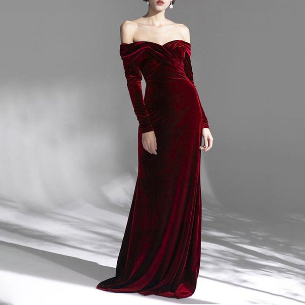 Women's Clothing one line collar, off shoulder, long sleeved, velvet, large skirt, evening dress, toast dress, bridesmaid dress_ecoleips.com