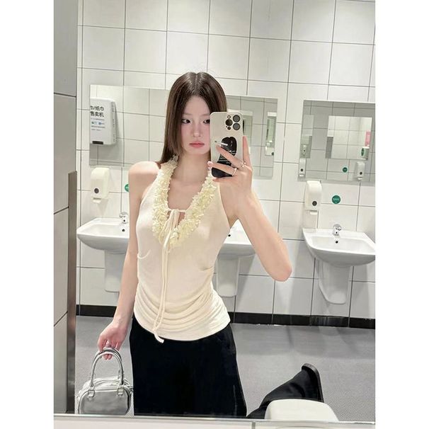 Apricot-colored Sweet Style Halter Neck Camisole For Women, New Summer Niche Design With Three-dimensional Floral_ecoleips.com