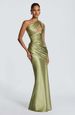 Women's Clothing Satin Off-Shoulder Long Dress Style Asymmetrical Pleated Waist Fishtail Draped Skirt Hollow Out Design_ecoleips.com