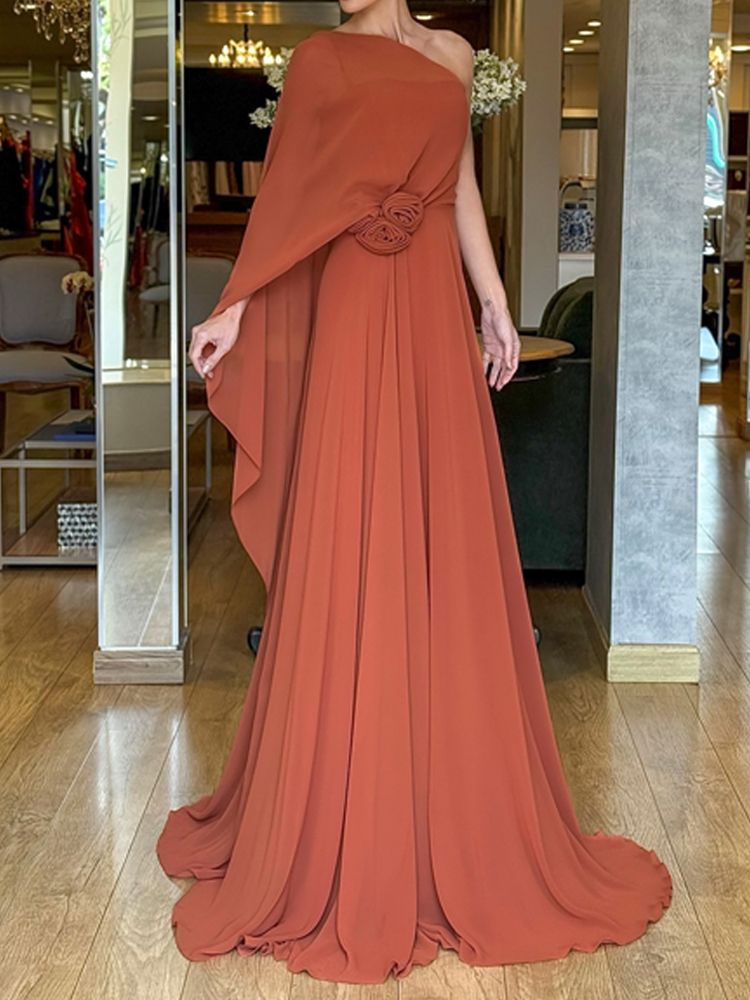 Sexy Slant Shoulder Long Sleeve Chiffon Dress Elegant Flower Dimensional Waist Long Dress Women Fashion Hight Waist Gowns Dress_ecoleips.com
