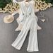Minimalist Striped Sun Protection Set – Long-Sleeve Shirt With Drawstring Waist & Wide-Leg Pants, Lightweight & Breathable Outfit For Casual Chic_ecoleips.com