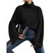 Oversized High-Neck Knit Sweater With Bell Sleeves, Soft Polyester Blend, Loose Fit Casual Pullover For Women, Minimalist Solid Color Tops_ecoleips.com