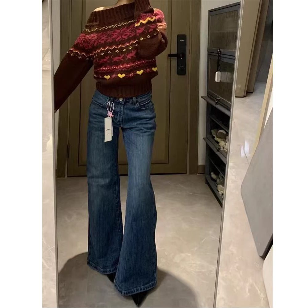 Dark Blue Bamboo-pattern Vintage Flared Jeans 2025, High-waisted, Trendy, Loose-fitting Bell-bottom Pants For Tall_ecoleips.com