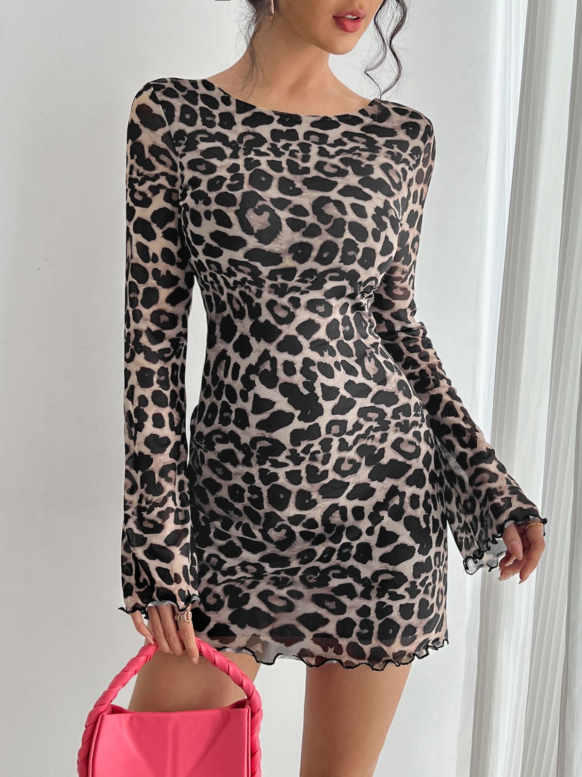 Women's Sexy Leopard Print Mesh Backless Bell Sleeve Dress - A-Line Mini Dress With Round Neck & Long Sleeves_ecoleips.com