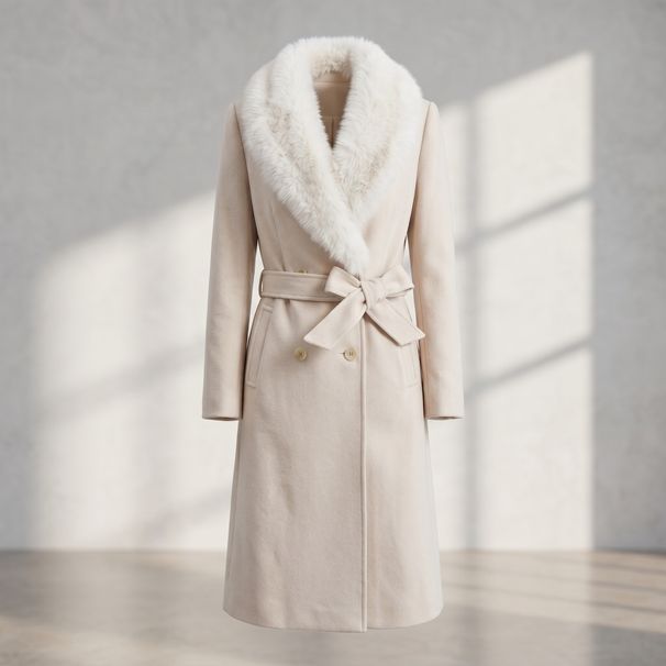 European And American Style Women's Long Woolen Woolen Coat With Luxurious Real Wool Collar And Double Row Buckle Lace Up Jacket_ecoleips.com