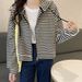European American Style Real Shot Pique Cotton Short Striped Plus-size Sweatshirt Cardigan Jacket For Women, Spring And_ecoleips.com