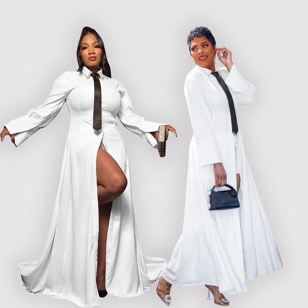 Women's Clothing Early Spring Slim Waist White Long Version Split Shirt Dress Tie Shorts Suit_ecoleips.com
