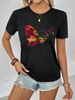 Women's Casual Black T-Shirt round Neck Short Sleeve Butterfly Print European American Style Sportswear Top for Summer_ecoleips.com