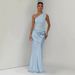 Women's Clothing Elegant One Shoulder Asymmetrical Neckline Pleated Satin Long Dress Style High Waisted Slim Fit Bodycon_ecoleips.com