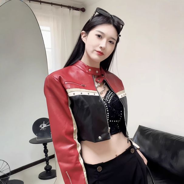 Women’s Cropped PU Leather Jacket With Color Block & Cutout Design – Edgy Streetwear Biker Coat (S-XL, Custom Fit For EU/US/SEA Markets)_ecoleips.com