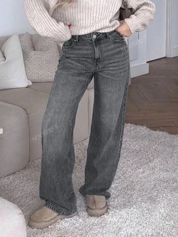 Women's High-Waisted Baggy Jeans – Oversized Straight Leg, Washed Gray Denim, Long & Flowy, Streetwear Chic For Casual & Edgy Looks_ecoleips.com