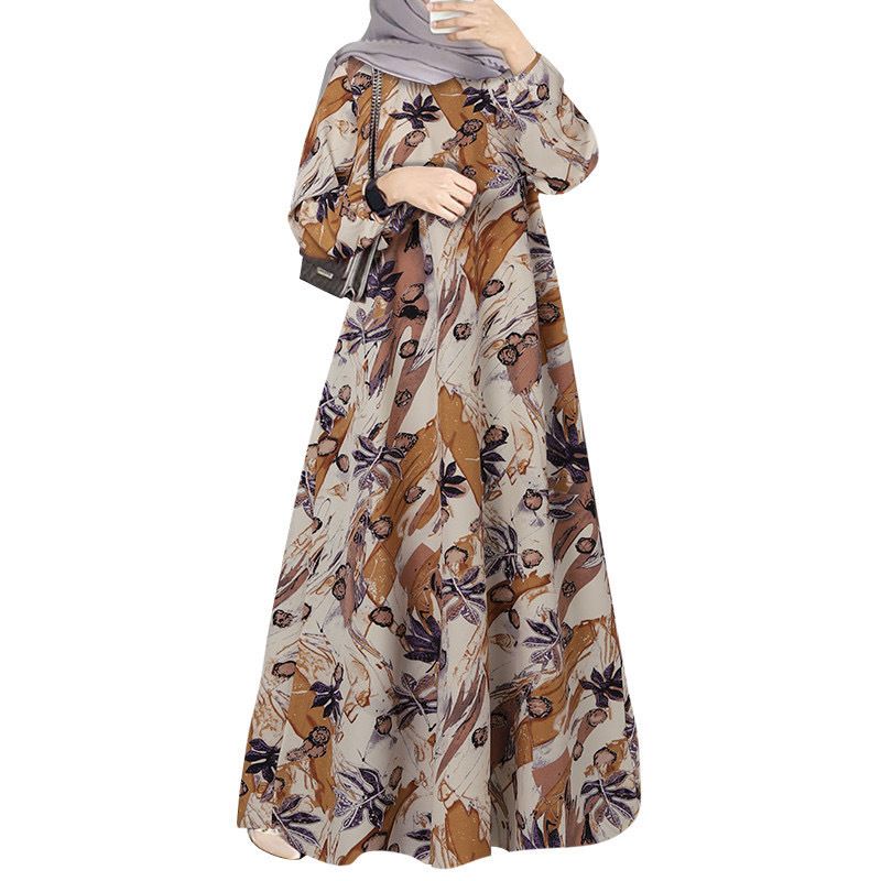 In Stock Cross-Border New Printed Middle Eastern Muslim Malay Full Sleeve Round Neck Robe Long Dress Factory Wholesale_ecoleips.com