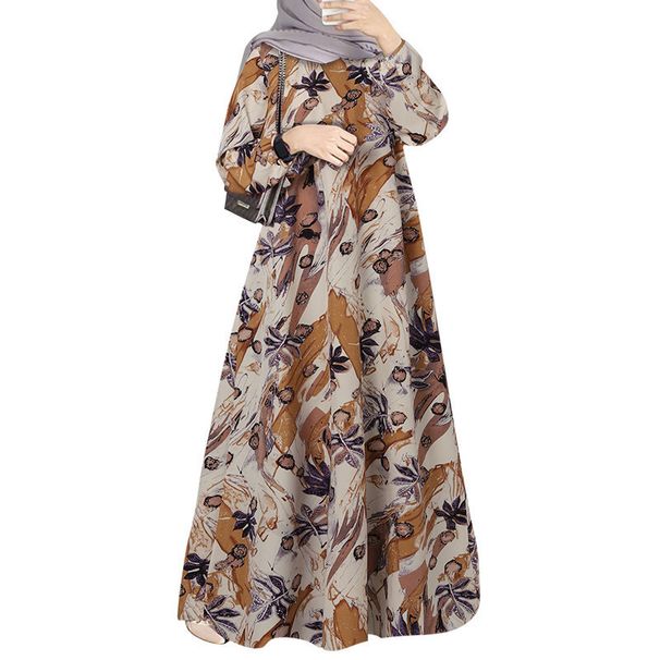 In Stock Cross-Border New Printed Middle Eastern Muslim Malay Full Sleeve Round Neck Robe Long Dress Factory Wholesale_ecoleips.com