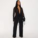Sexy Deep V-Neck Blouse & Flared Pants Set – Lace Trim Sleeves & Tie-Detail Wide-Leg Trousers (Blue, Black)_ecoleips.com