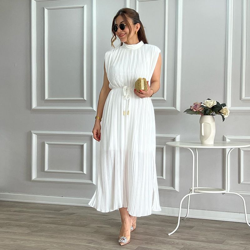 Women's Clothing Fashionable Simple Half-polo Neck Waist-fitted Medium-length Dress_ecoleips.com