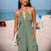 Women's Clothing deep V halterneck sleeveless pleated pocket back tie wide leg cuff long jumpsuit_ecoleips.com