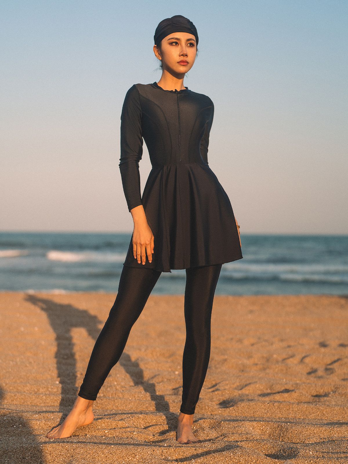 Women's Clothing Muslim Swimsuit Flared Hem Long Sleeves And Trousers Four Piece Conservative Burkini With Chest Pads And Hood_ecoleips.com
