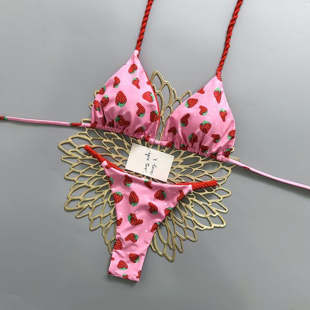 Strawberry Print Two Piece Swimsuit Bikini Set - Triangle Thong Design Regular Size Polyester Nylon Sexy Vacation Style_ecoleips.com