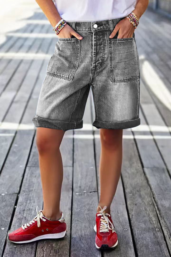plus Size mid Rise Bermuda Shorts Women's Stretch Denim Shorts Washed Distressed Patch Pocket European American Style_ecoleips.com