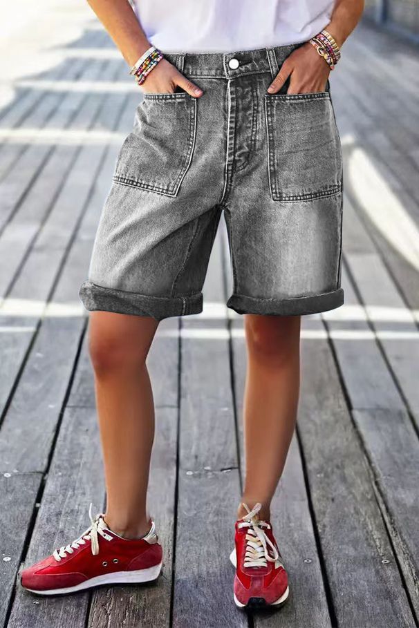 plus Size mid Rise Bermuda Shorts Women's Stretch Denim Shorts Washed Distressed Patch Pocket European American Style_ecoleips.com
