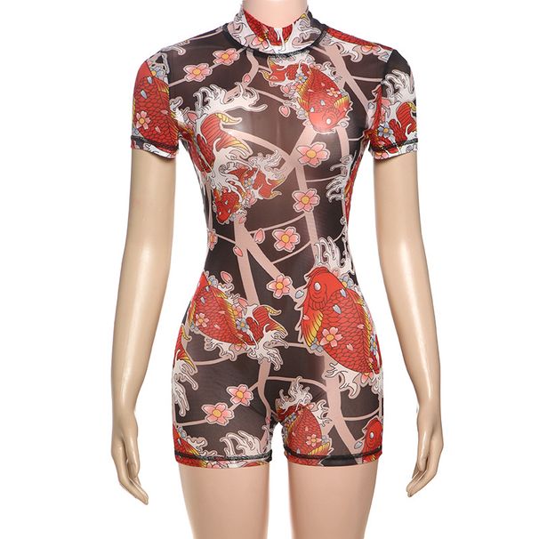K European And American Style New Fashionable Digital Printed Mesh Sexy Hot Girl High Waisted Backless Jumpsuit_ecoleips.com