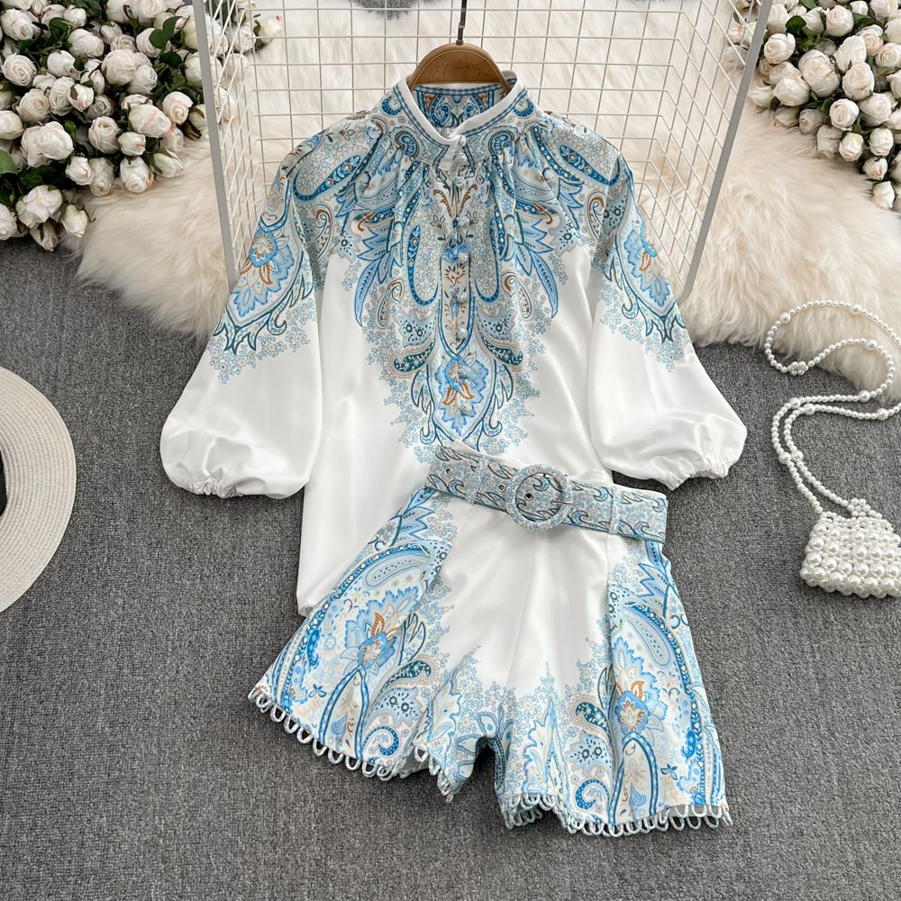 Women's Premium Selection Fashion Set Stand Collar Loose Lantern Sleeve Position Print High Waist Two Piece Shirt_ecoleips.com